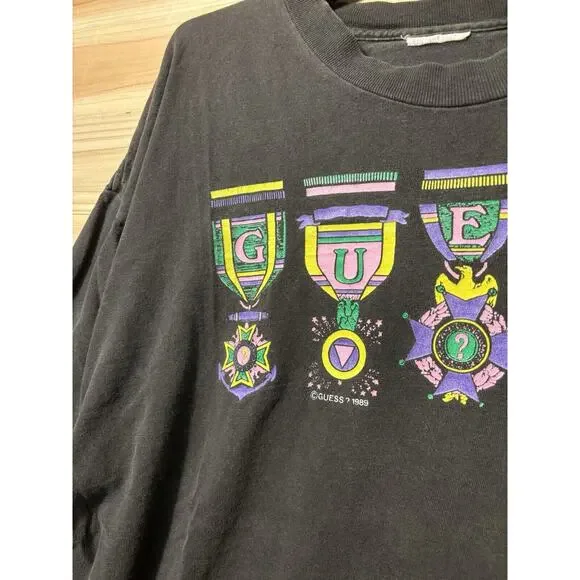 Vintage 1989 Guess Jeans Graphic T Shirt Faded Black Single Stitch XL USA MADE